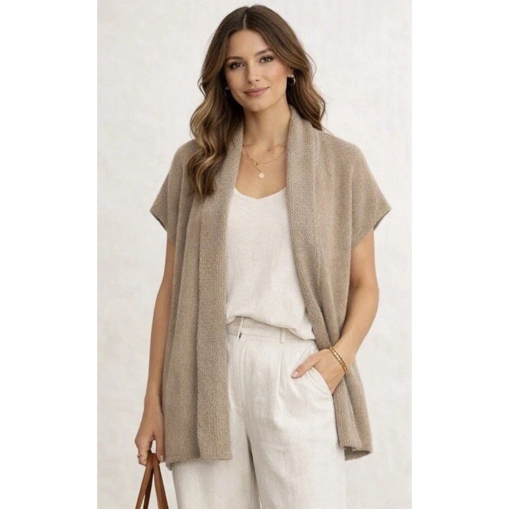 Eileen Fisher Cashmere Cardigan Short Sleeve Small Tan Sweater